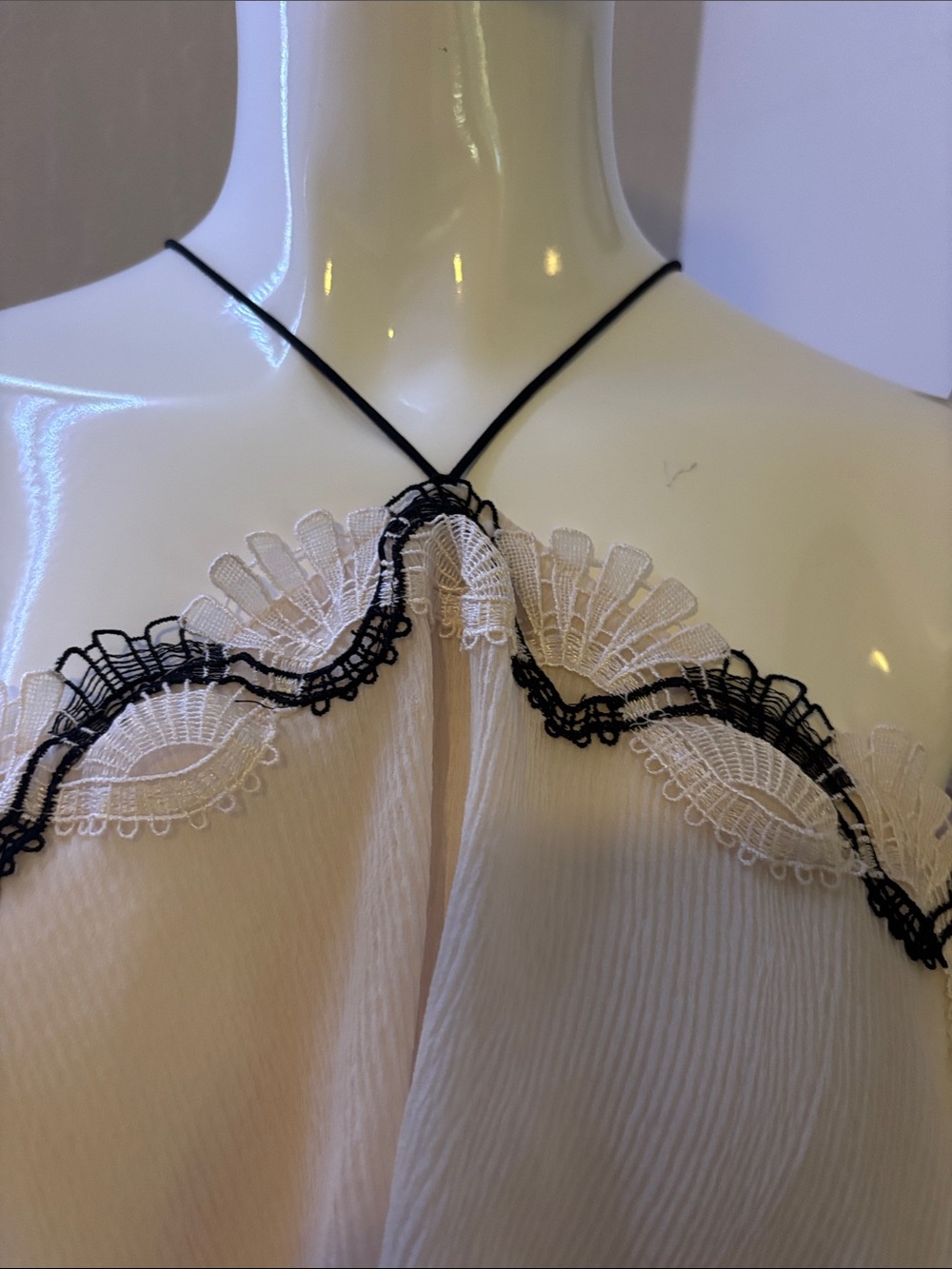 Off-Shoulder White Ruffle Camisole with Black Trim - Picture 3 of 9